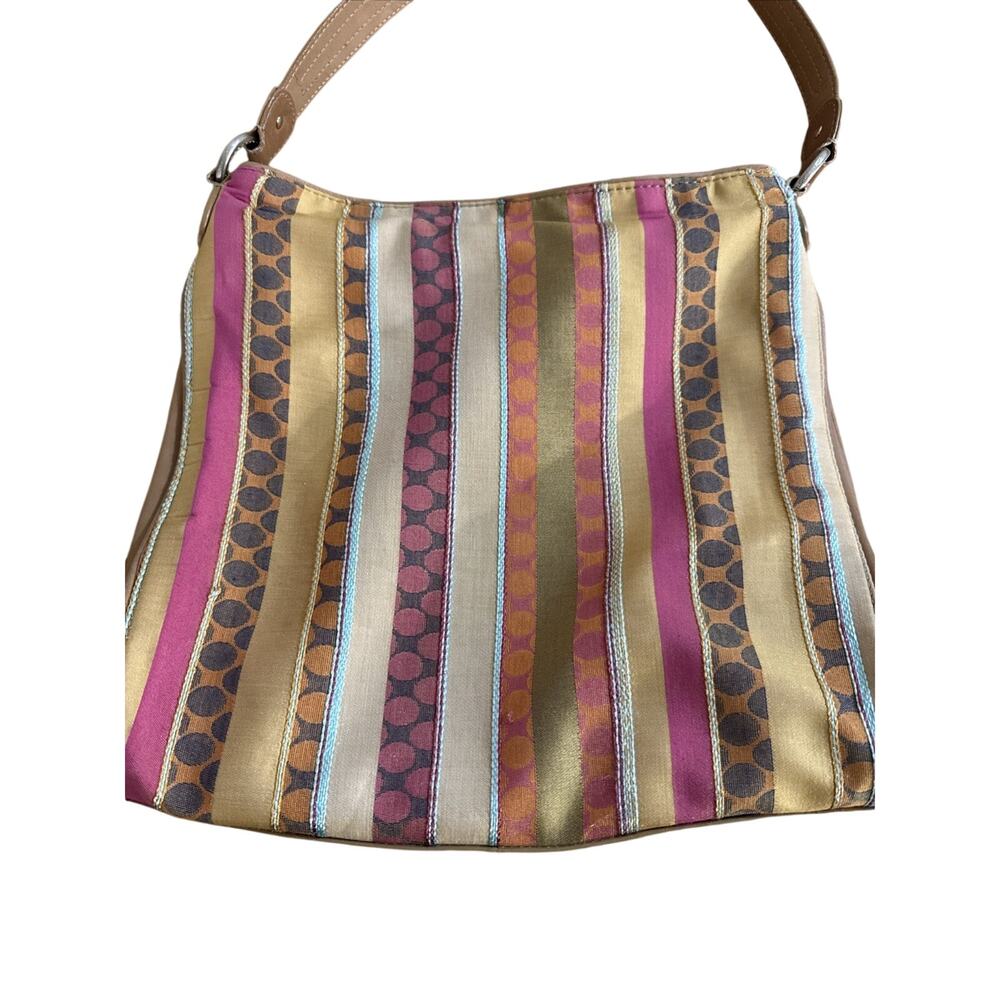 Liz Claiborne Striped Shoulder Bag - Cream Leather Accents - Purse Handbag 12x11 - Picture 3 of 7